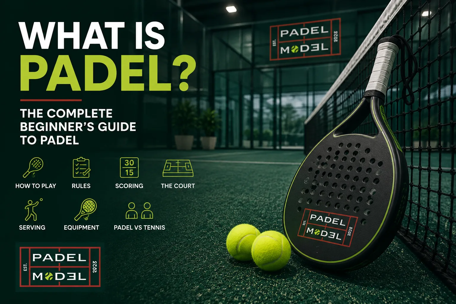 A padel racket and two balls resting against the net on an indoor Padel Model court