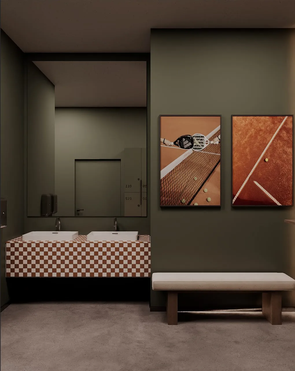 Change room at Padel Model with twin basins, a full-length mirror and framed padel prints