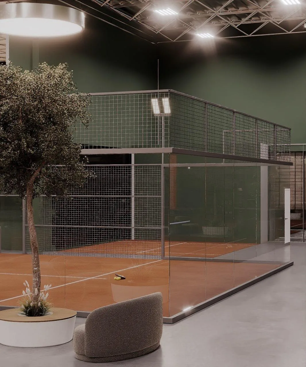 Players rallying on an indoor panoramic padel court at Padel Model