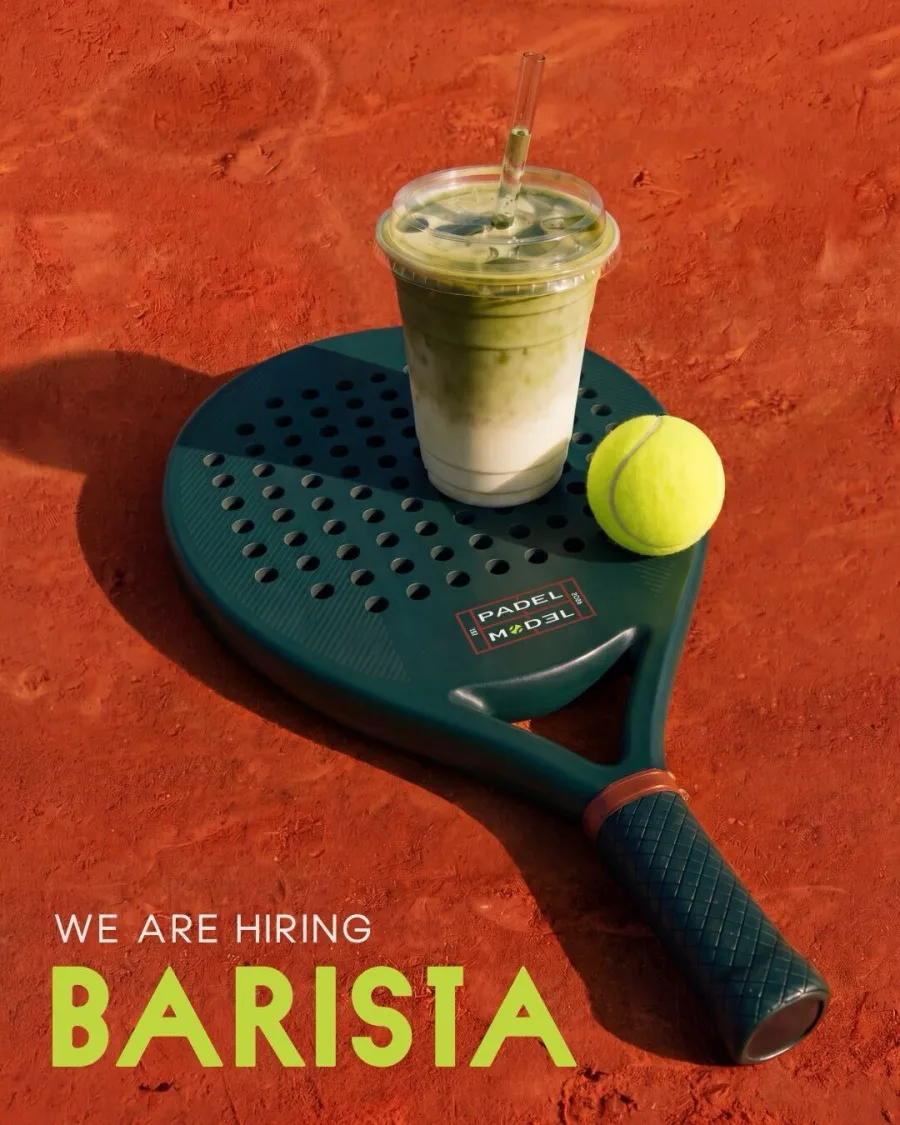 Padel Model recruiting poster for a Barista, with an iced matcha resting on a padel racket.