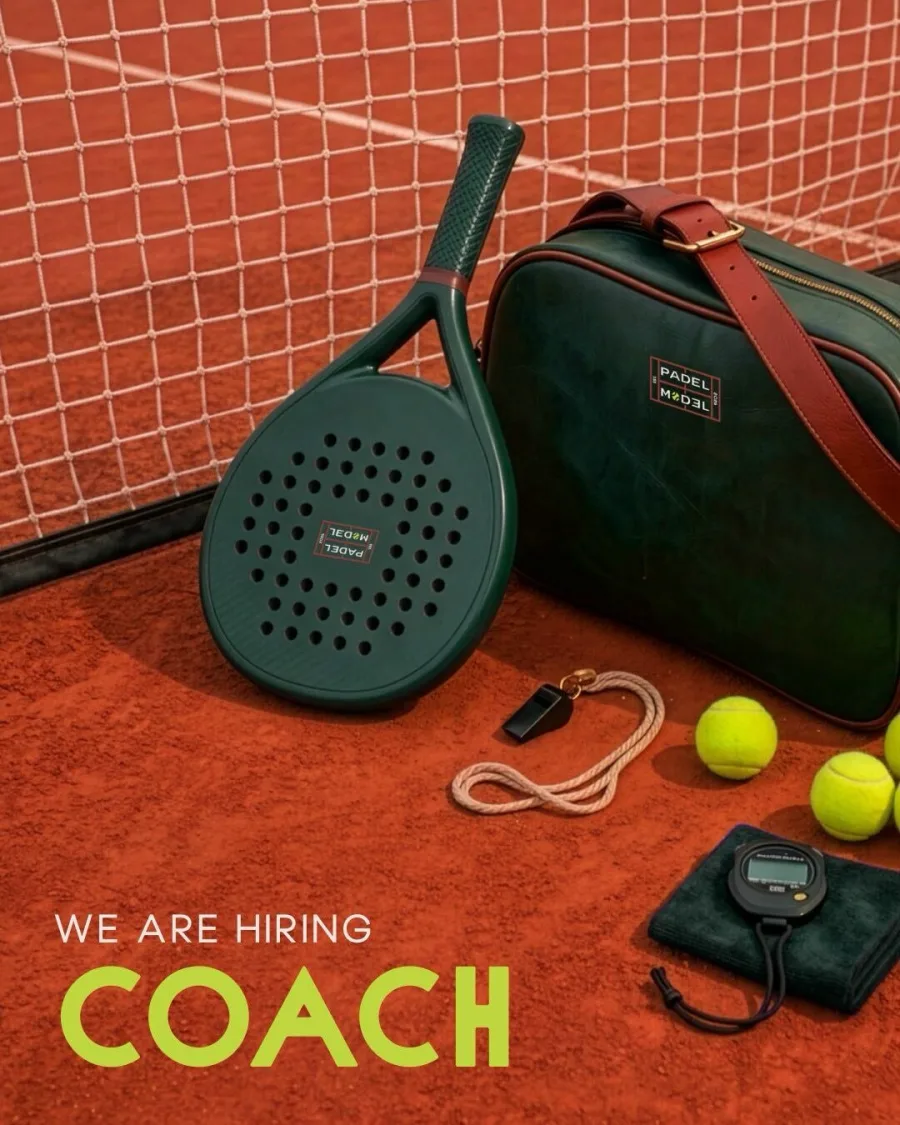 Padel Model recruiting poster for a Coach, with a racket, whistle, stopwatch and kit bag beside the net.
