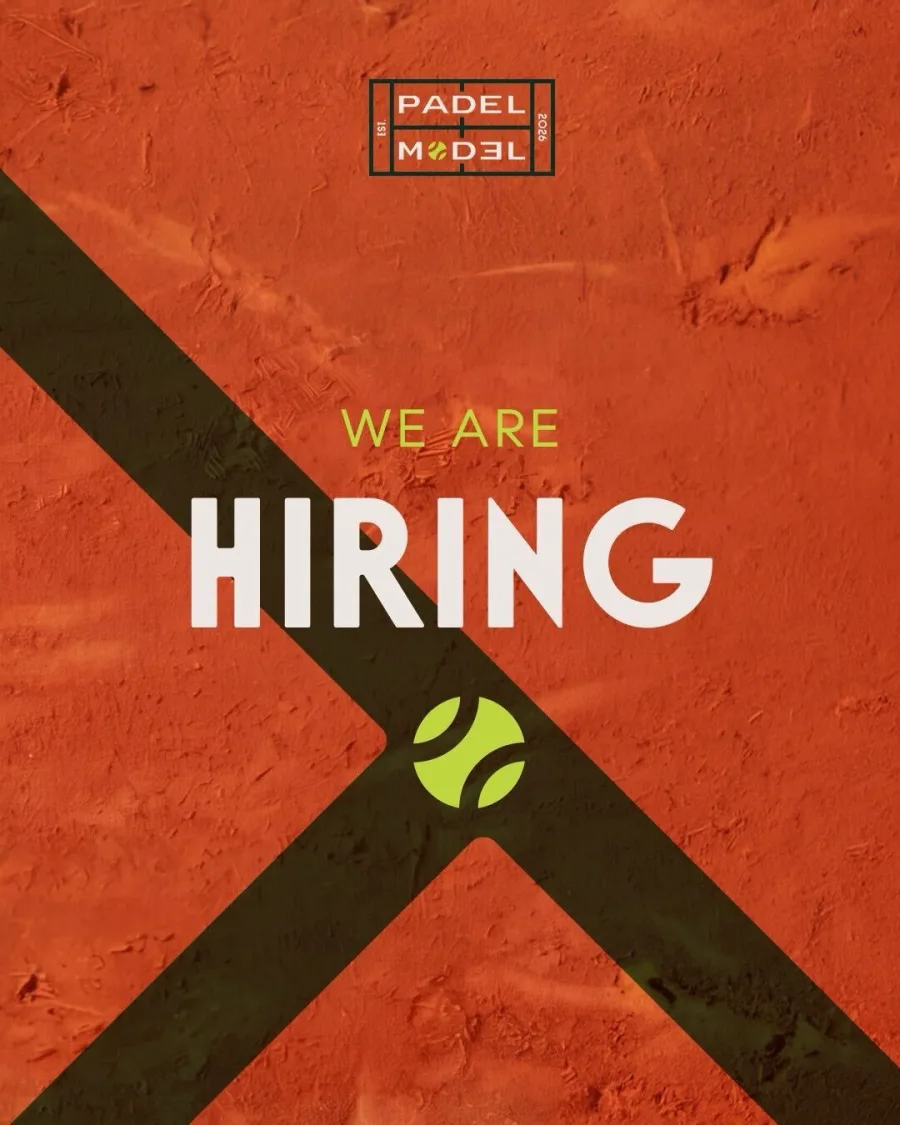 Padel Model recruiting poster: “We are hiring”, set on a clay court.